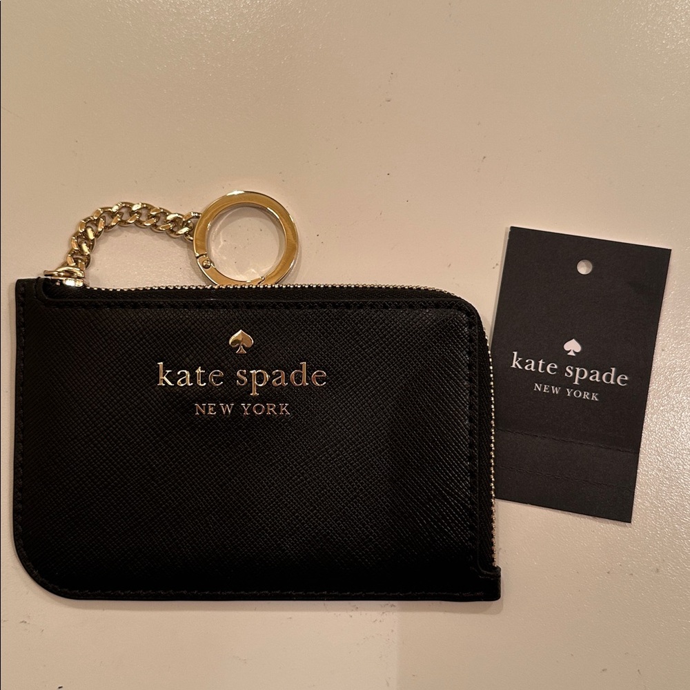 Kate Spade Black Zip Card Holder/ Keychain with Gold Chain